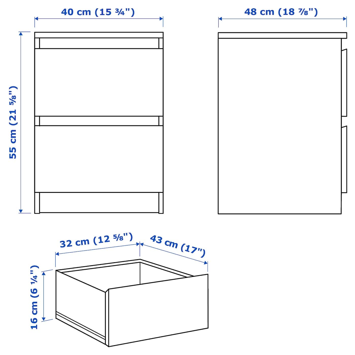 Ikea MALM chest of drawers (40x55cm) with 2 drawers in white