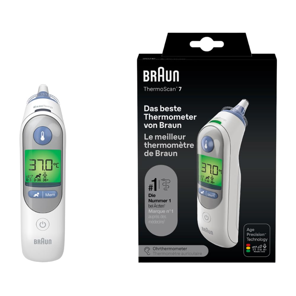 Braun ThermoScan-7 ear thermometer with Age Precision & ExacTemp including 21 hygiene caps