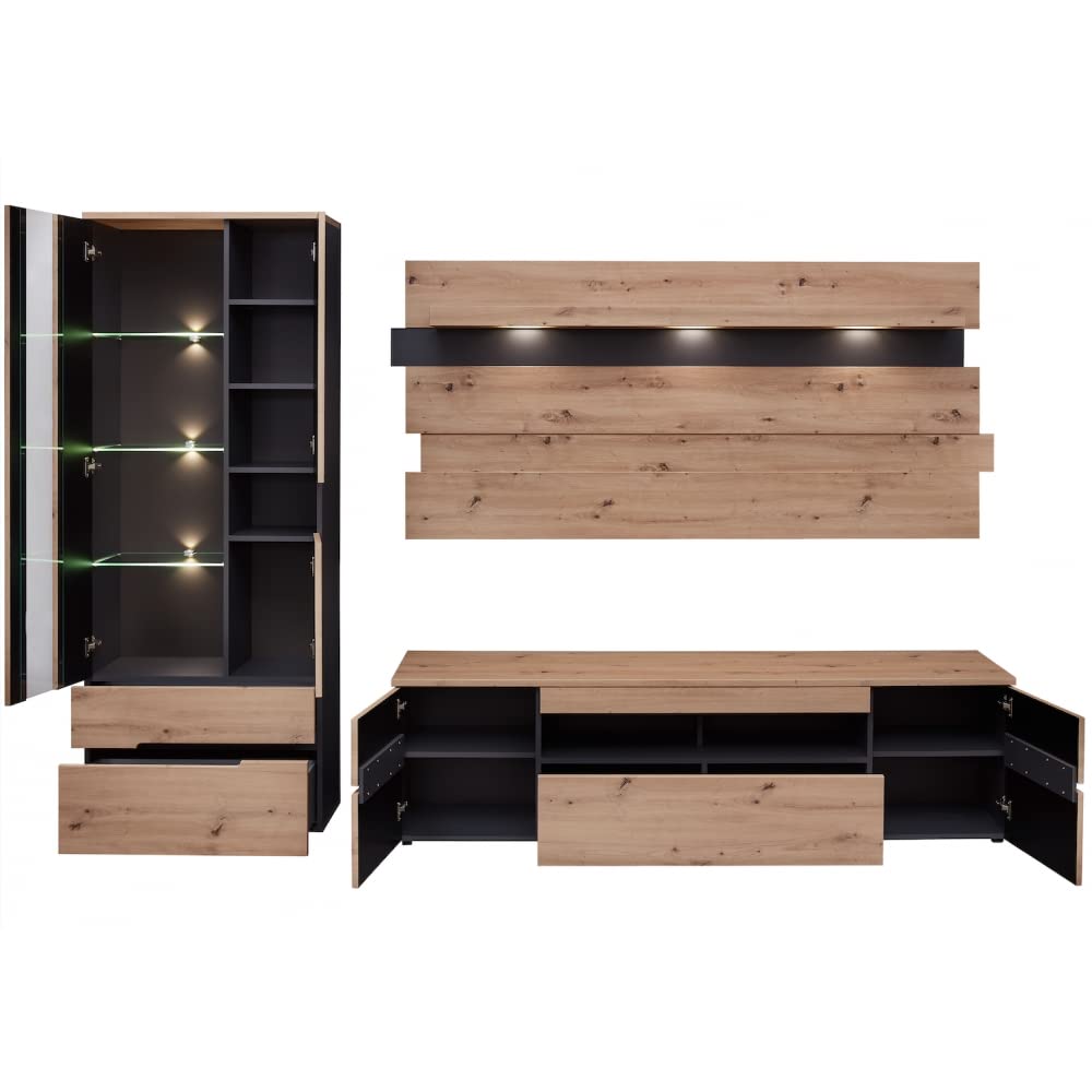 MEMPHIS wall unit complete set in artisan oak look with LED lighting (287x197x47cm)