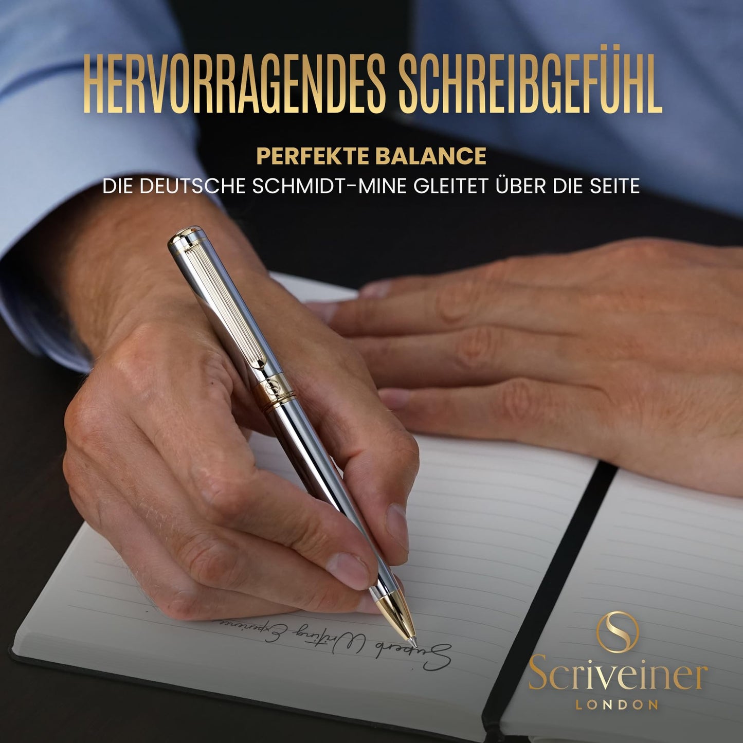 Scriveiner ballpoint pen High-quality design ballpoint pen in silver with real gold plating, black Schmidt refill, gift box, office set, professional ballpoint pen