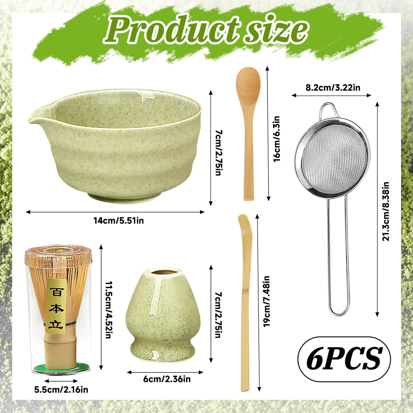 Matcha set, Japanese tea set, matcha bowl, scoop, sieve, matcha whisk holder, matcha whisk stand, matcha tea set (light green)