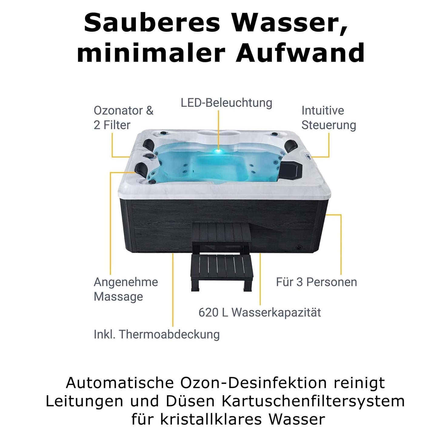 Outdoor whirlpool 'BERLIN' for 3 people including thermal cover & LED: 31 massage jets