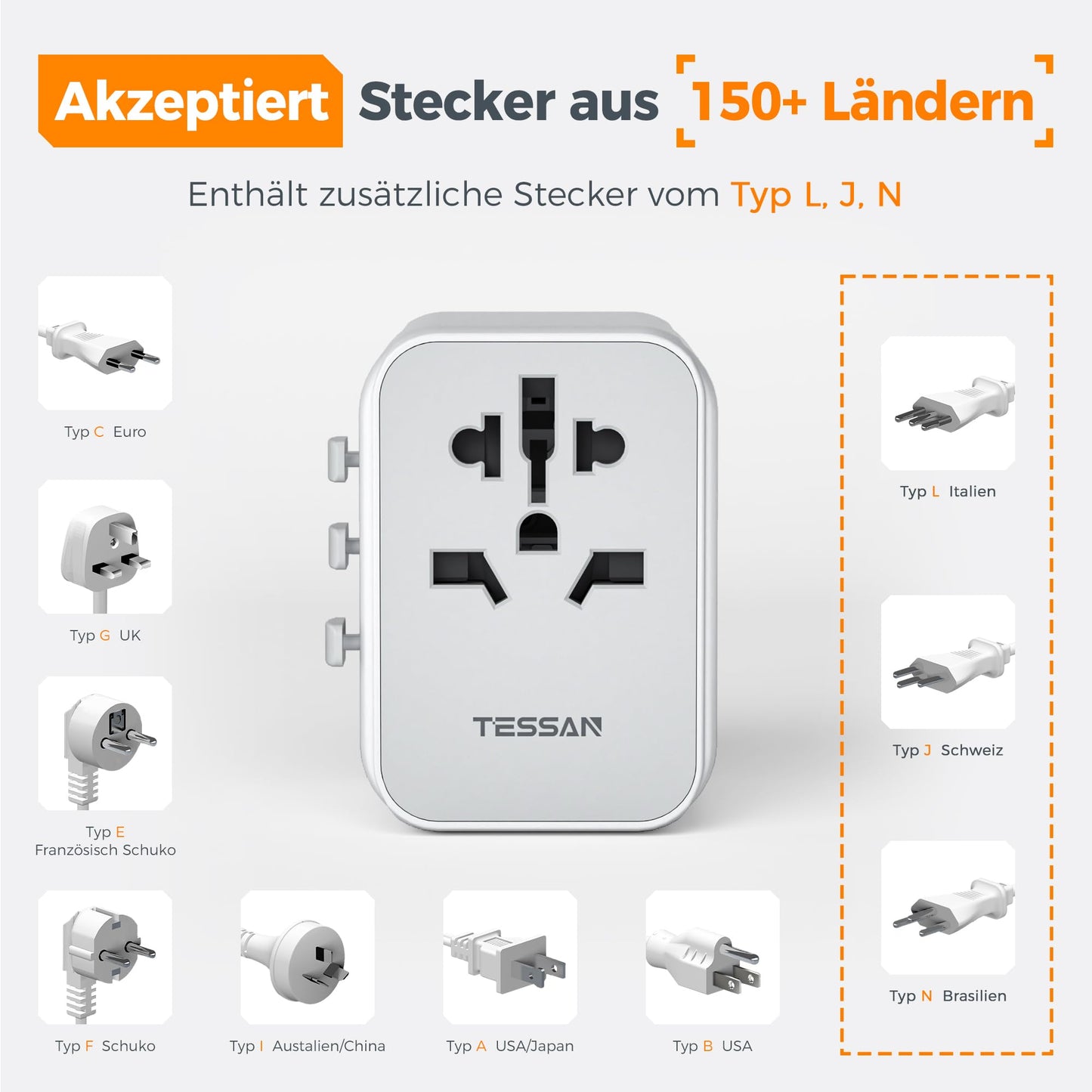TESSAN Universal Travel Adapter with 3 USB-A and 1 USB-C: International Power Outlet Adapter