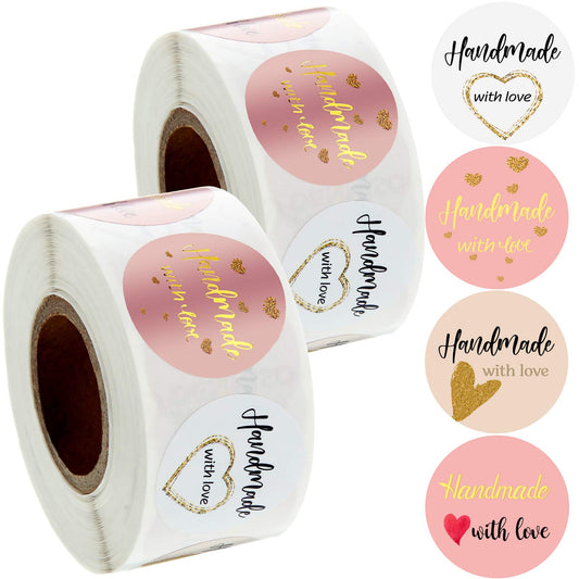 Handmade with Love Aufkleber (Rund - Ø 2,5cm) für Geschäft, Hochzeit, Geschenkpackung