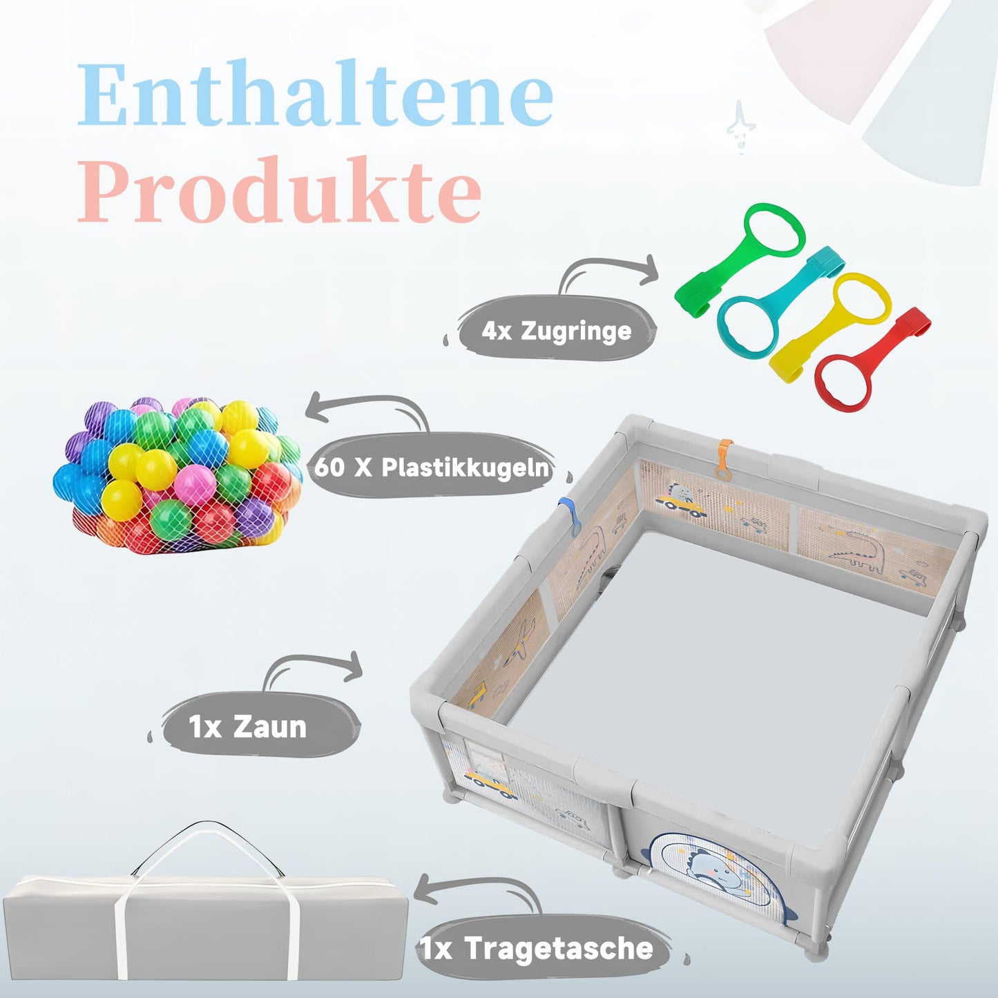 Laufgitter Baby mit rutschfestem Boden (200x180cm) inkl. 60 Seebälle, 4 Griffe, Playpen, Aufbewahrungstasche