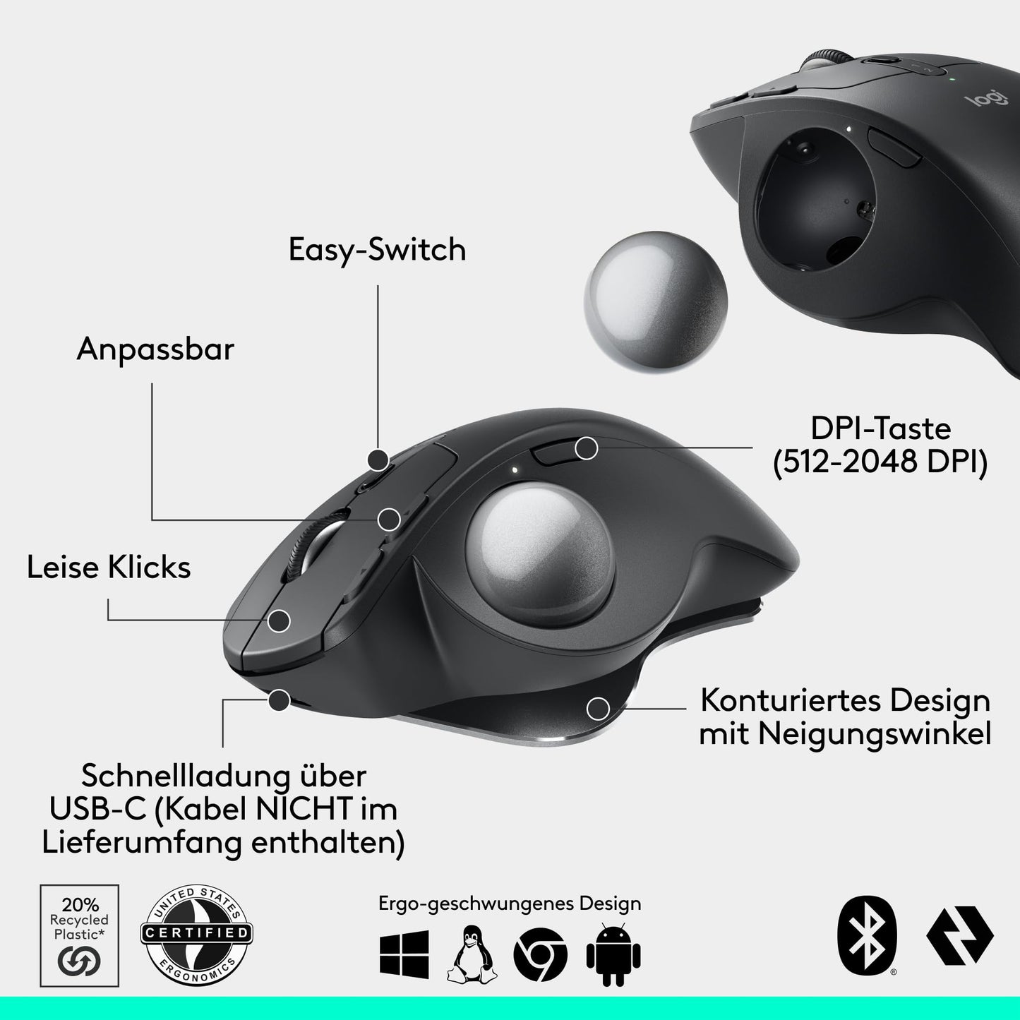 Logitech MX Ergo S Advanced kabellose Trackball-Maus, über USB-C wiederaufladbare kabellose ergonomische Maus mit Bluetooth und verschlüsseltem Dongle, 6 programmierbare Tasten, für PC/Mac - Graphit