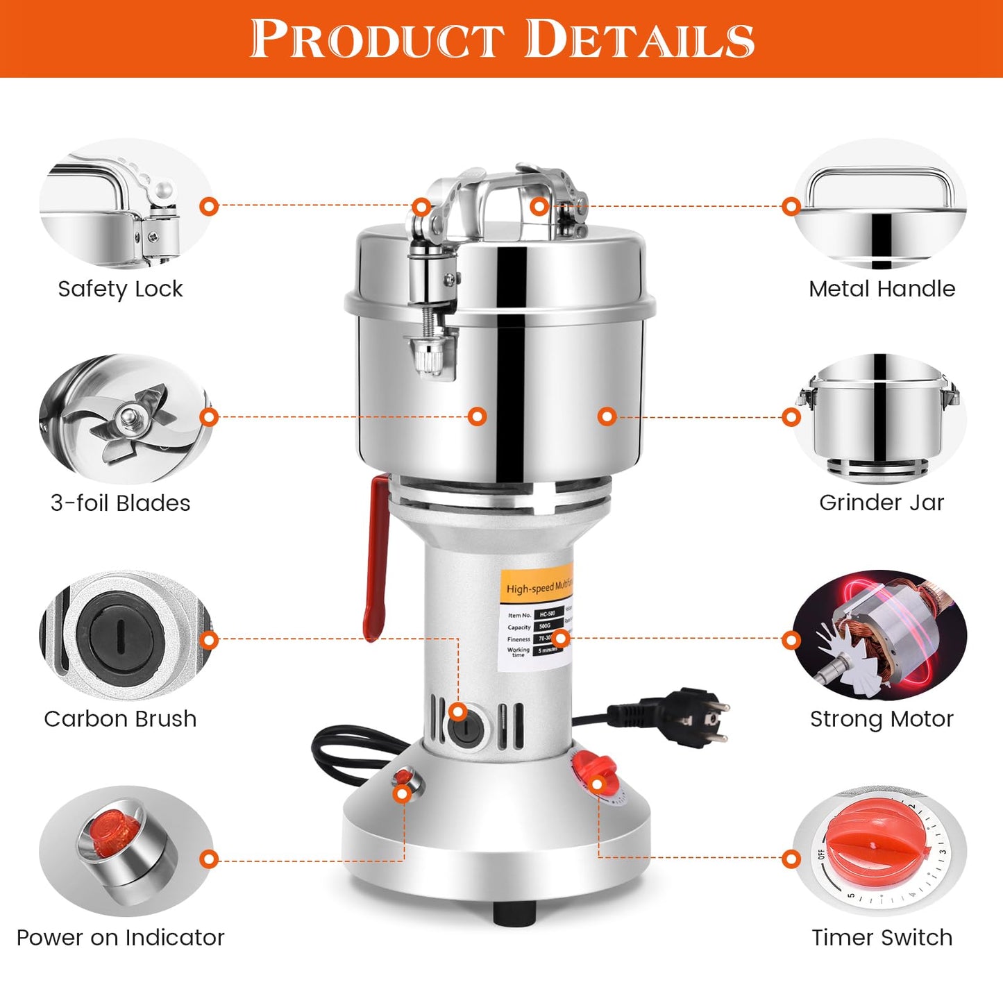 Electric grain mill (500g) made of stainless steel: High speed with 28000rpm powerful motor