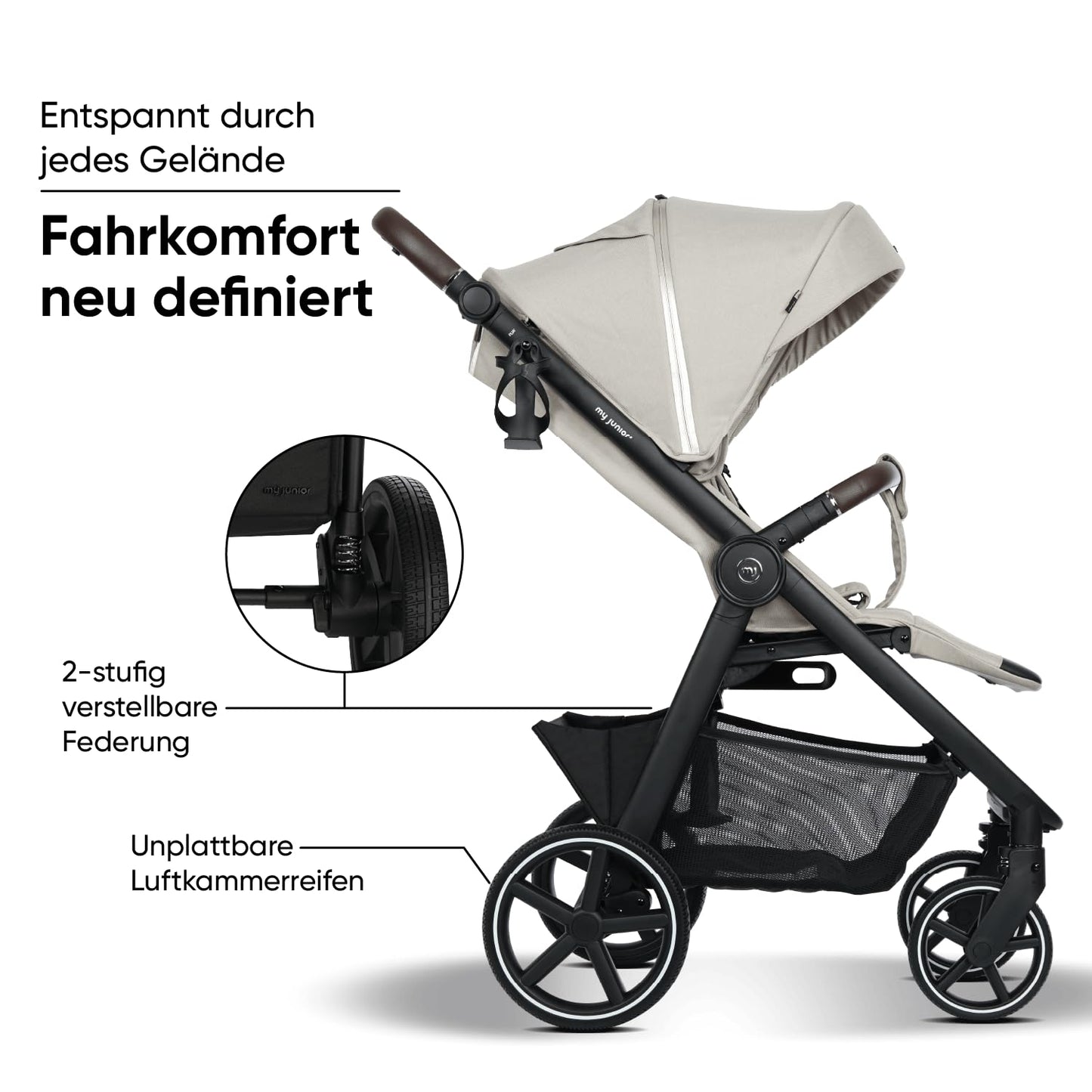 my junior® PLIA² | großer Komfortbuggy mit Luftkammerreifen inkl. Getränkehalter + Tragegurt