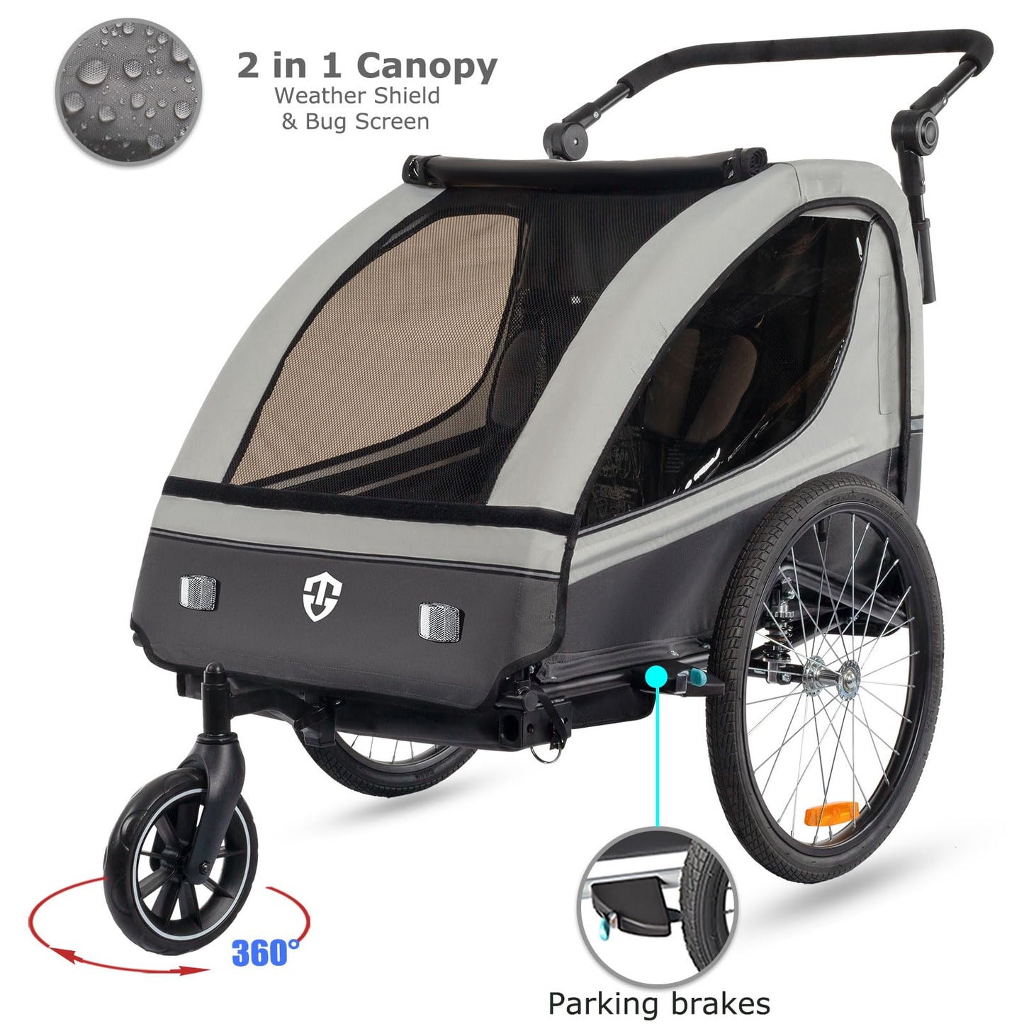 Tiggo 2-in-1 Fahrradanhänger mit Buggy-Set: 360° Drehbar mit Federung - max. 40kg (Grau)