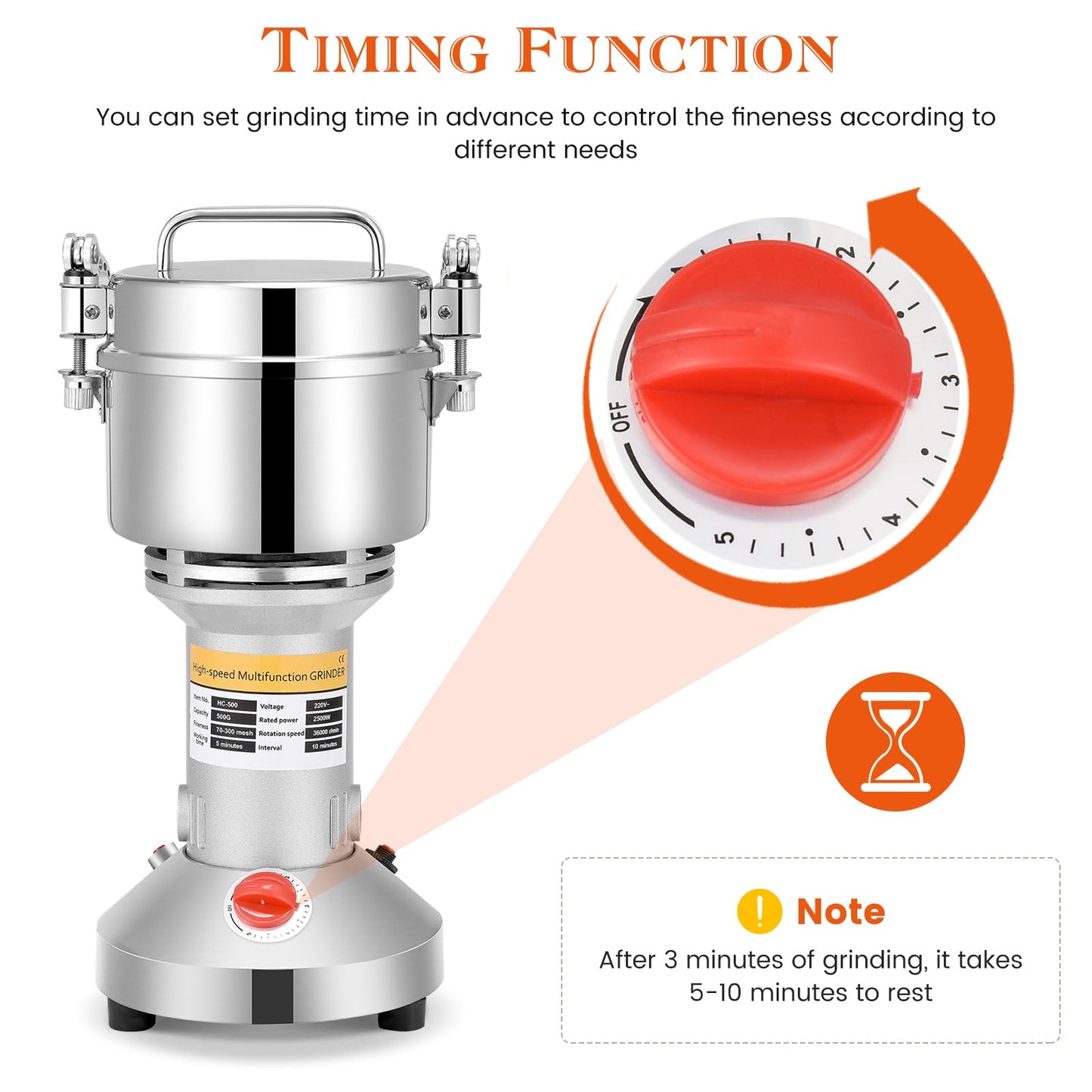 Electric grain mill (500g) made of stainless steel: High speed with 28000rpm powerful motor