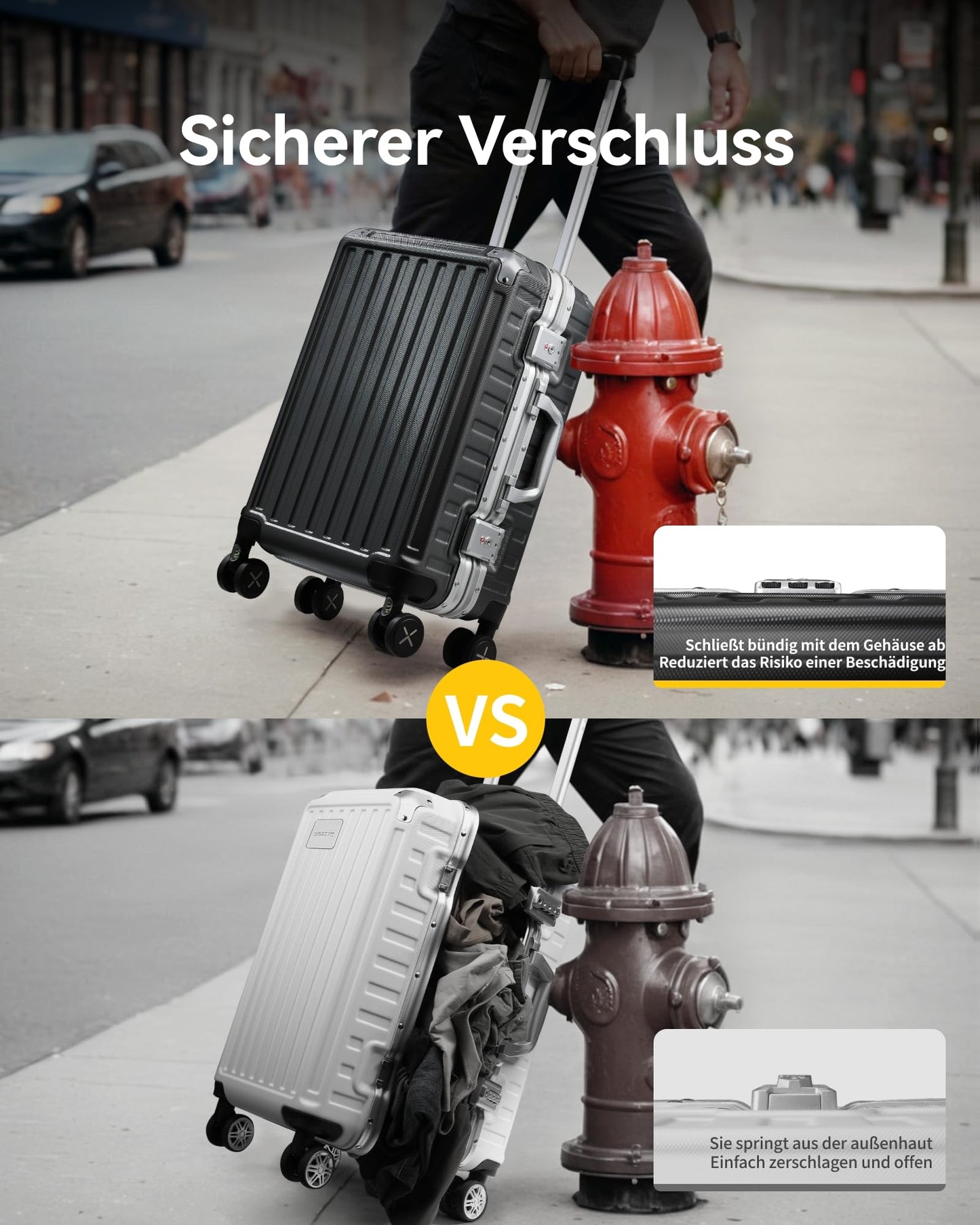 LUGGEX hard-shell travel suitcase with aluminum frame: Size: M (Black - 65cm - 60 liters)