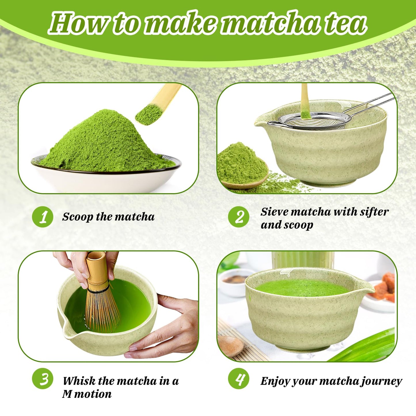 Matcha set, Japanese tea set, matcha bowl, scoop, sieve, matcha whisk holder, matcha whisk stand, matcha tea set (light green)
