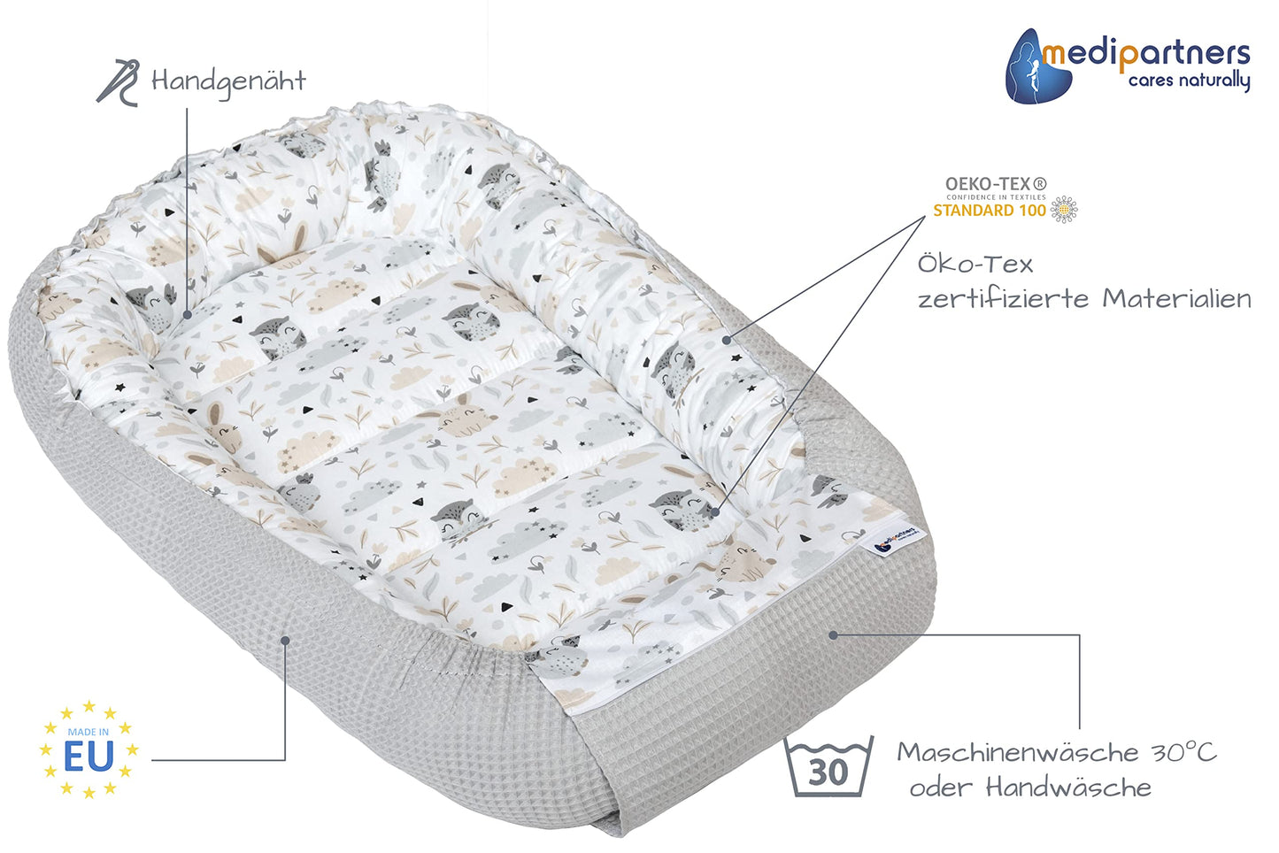 Medi Partners Baby-Nestchen für Neugeborene aus 100% Baumwolle (100x60x15cm): Eulen-Motiv