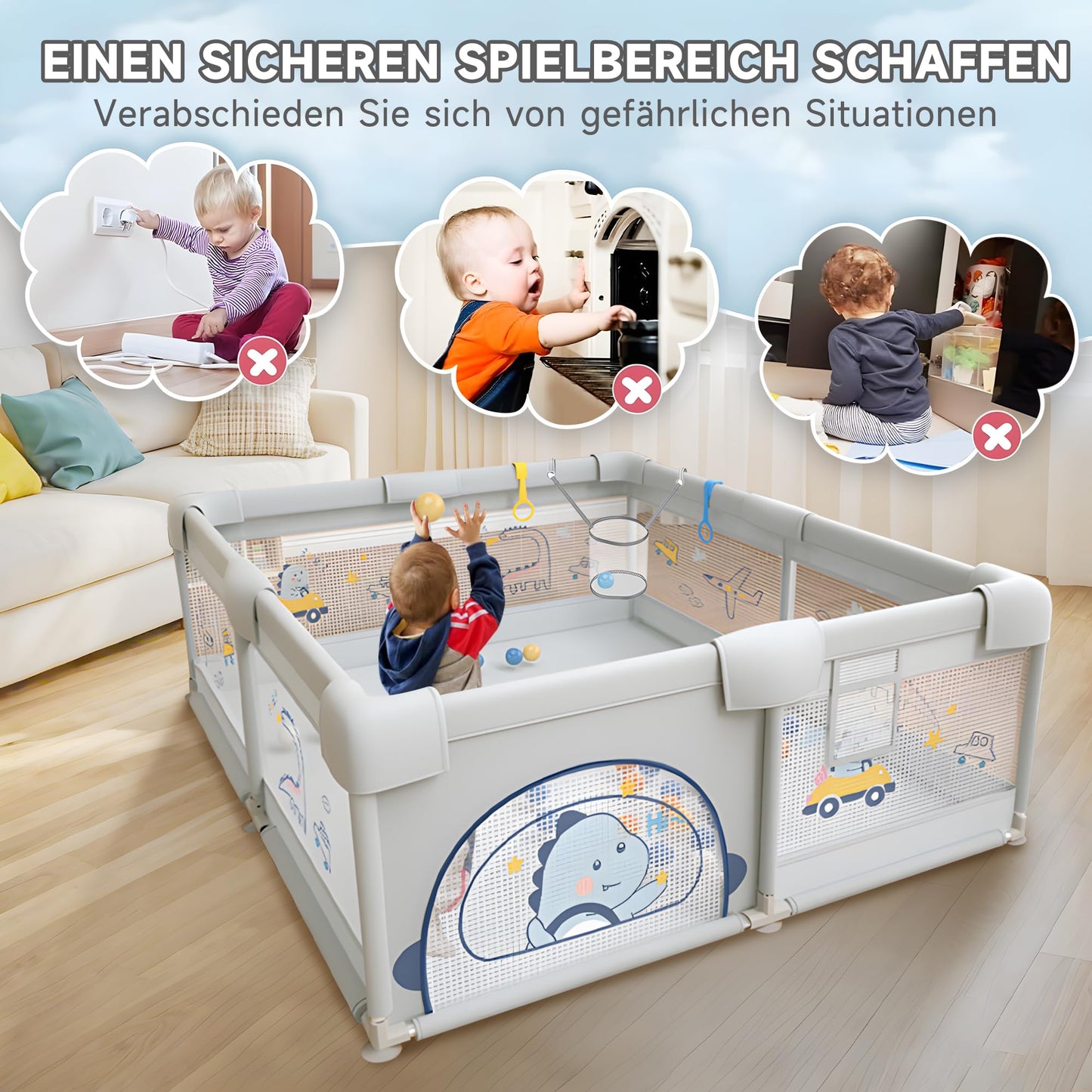Laufgitter Baby mit rutschfestem Boden (200x180cm) inkl. 60 Seebälle, 4 Griffe, Playpen, Aufbewahrungstasche
