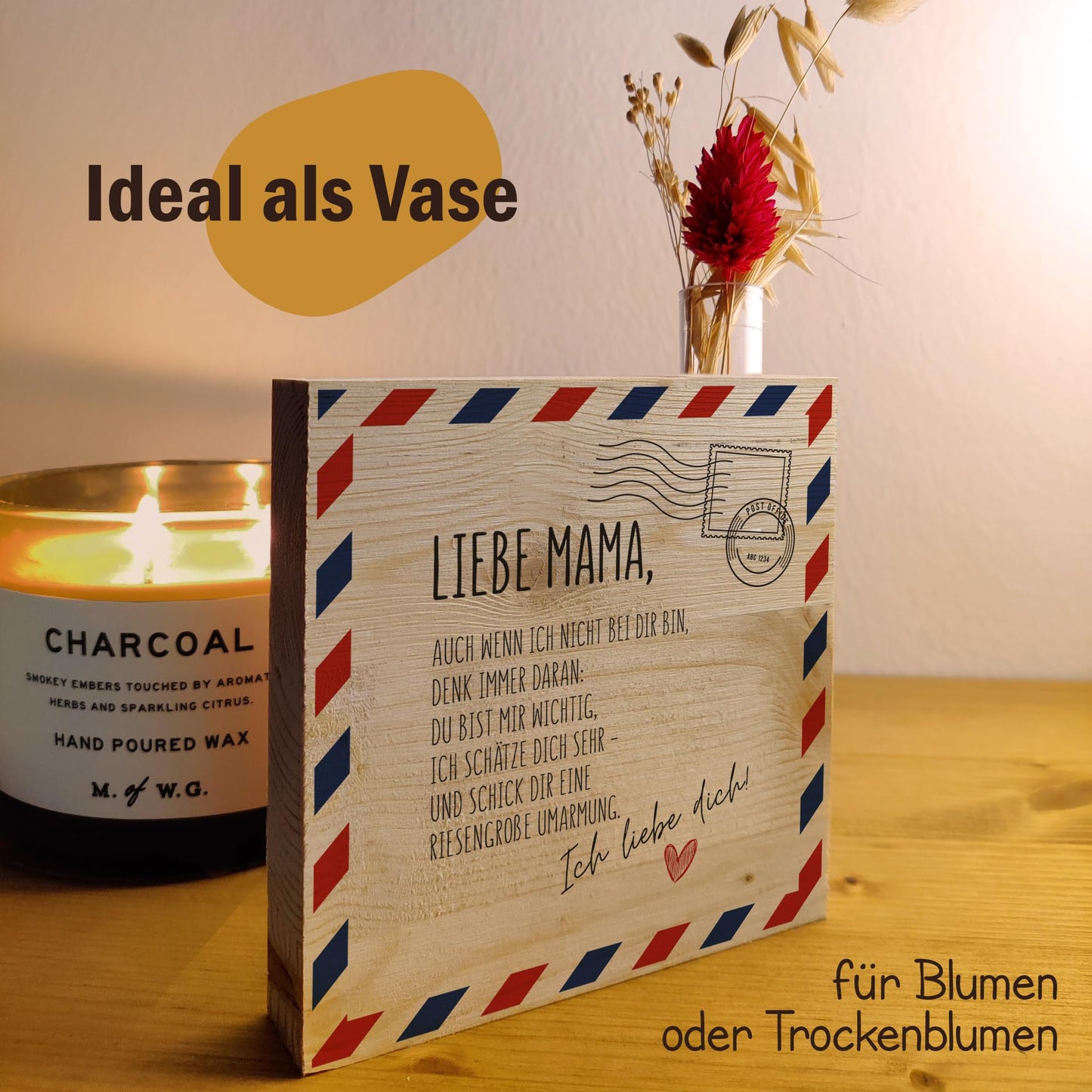 Muttertagsgeschenk 'Brief an Mutter' Holzbild + Reagenzglas zum Hinstellen