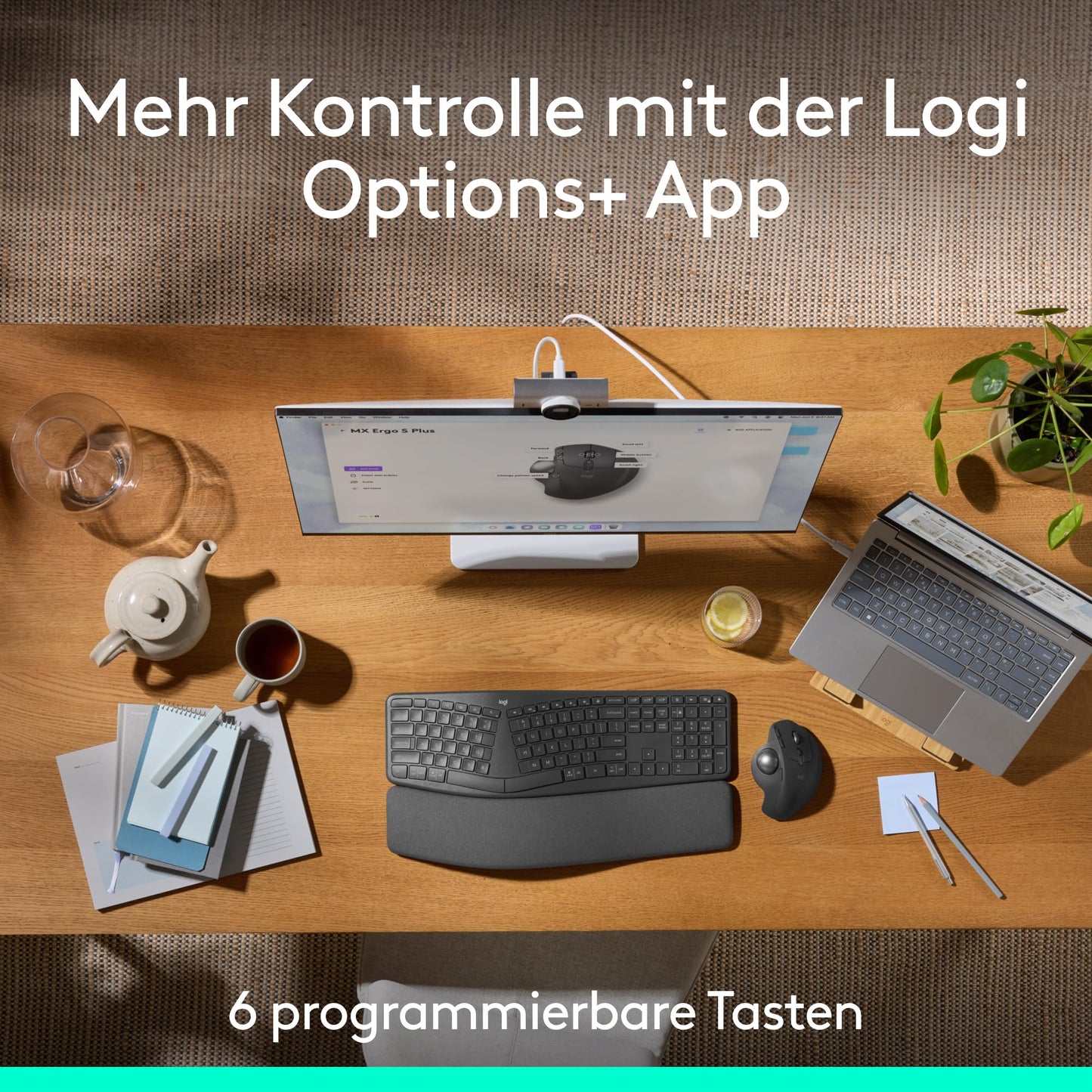 Logitech MX Ergo S Advanced kabellose Trackball-Maus, über USB-C wiederaufladbare kabellose ergonomische Maus mit Bluetooth und verschlüsseltem Dongle, 6 programmierbare Tasten, für PC/Mac - Graphit