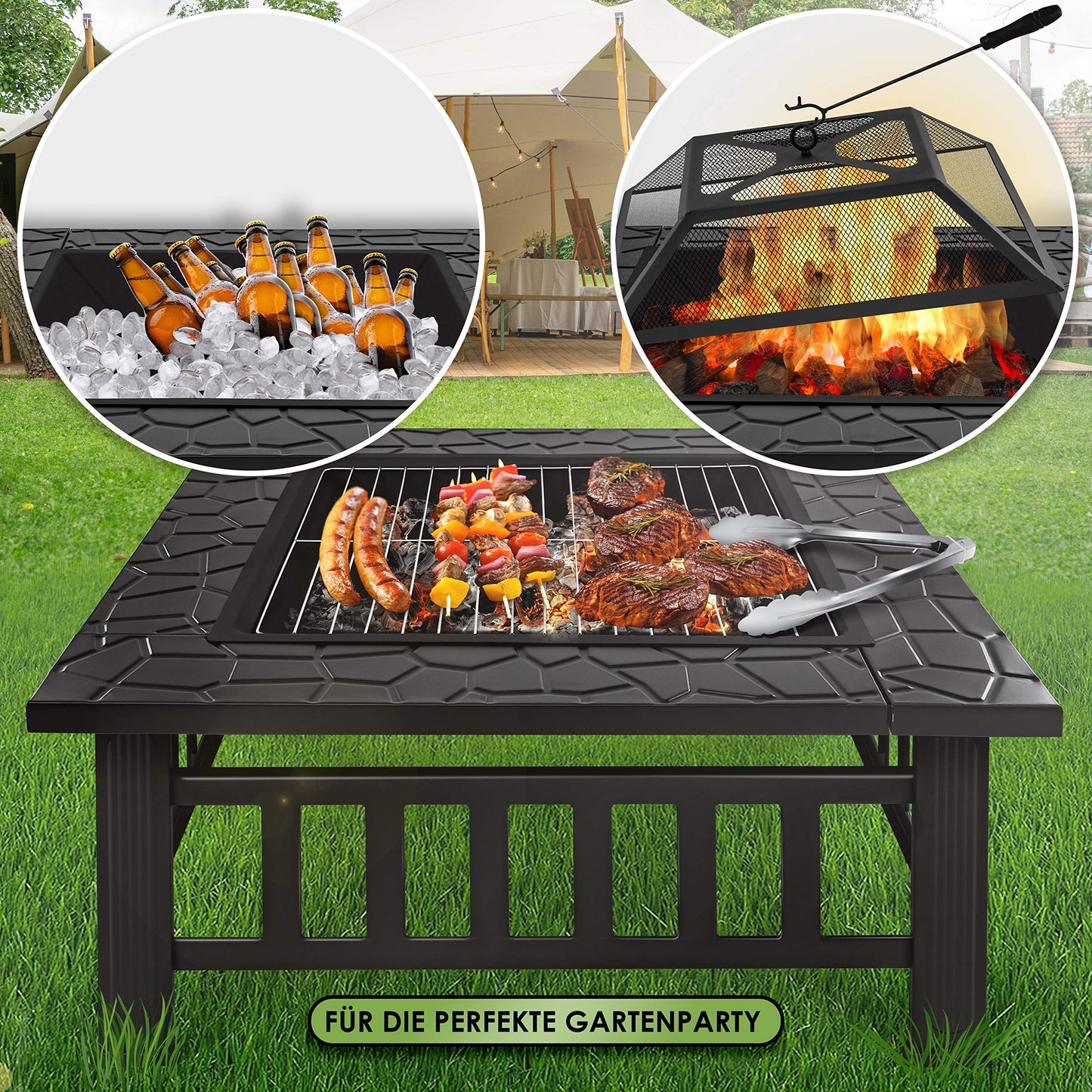 KESSER® fire pit with grill grate & grill tongs: fire bowl, BBQ grill with spark guard