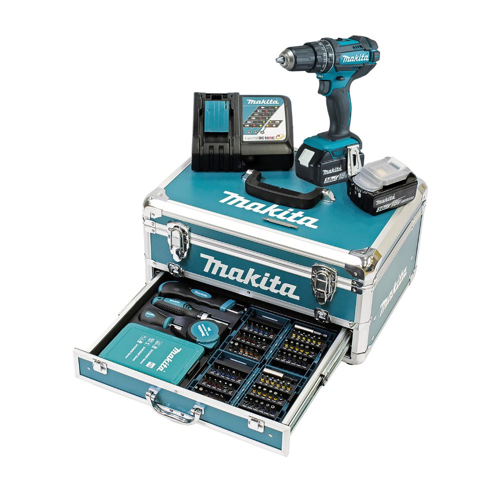 Makita Schlagbohrschrauber (96-teilig): 18V/3,0Ah, 2 Akkus + Ladegerät im Alukoffer