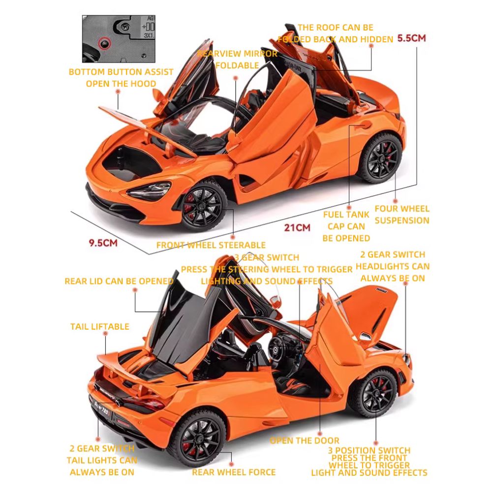 McLaren 720S Modellauto (1:24): Super Sportwagen aus Metall mit Licht & Sound