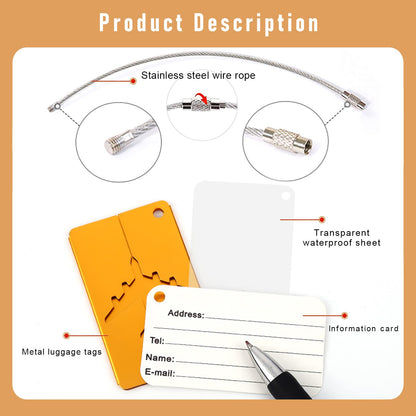 Luggage tags with stainless steel cord and name tag (6-pack) for backpacks, luggage and bags