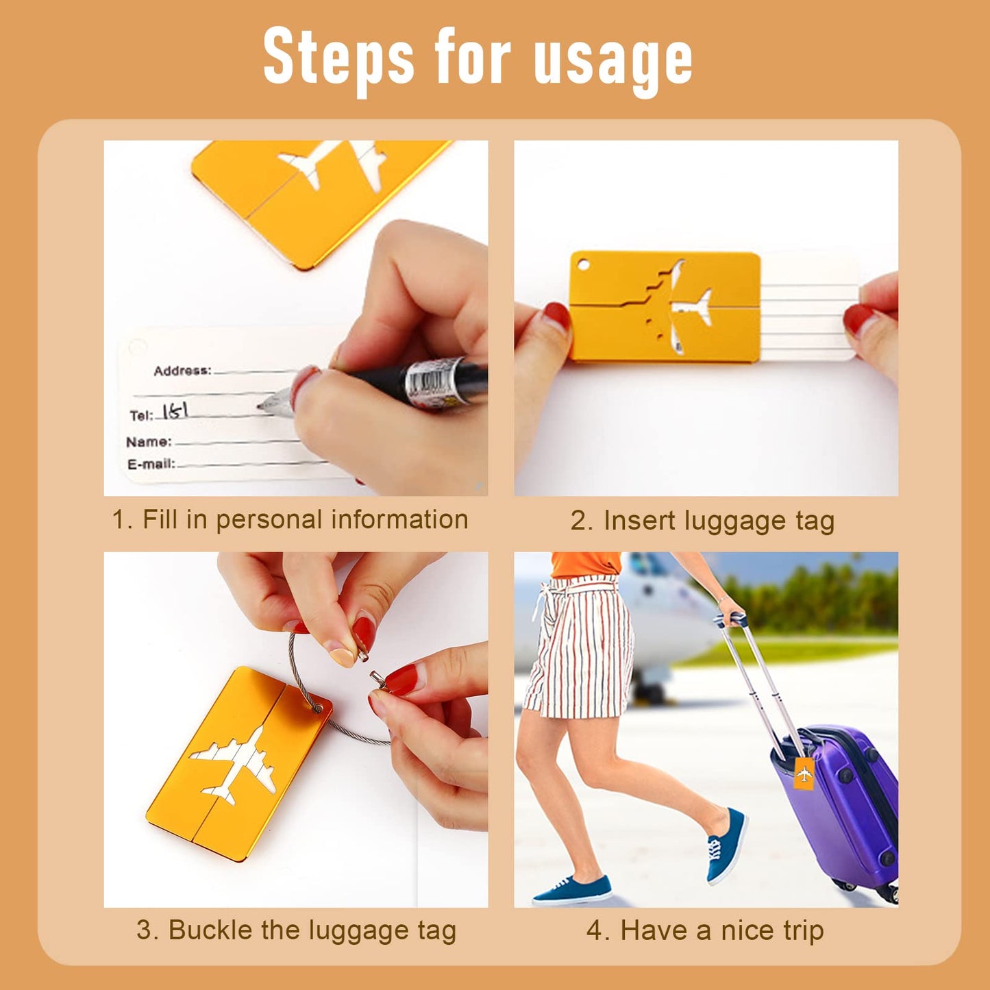 Luggage tags with stainless steel cord and name tag (6-pack) for backpacks, luggage and bags