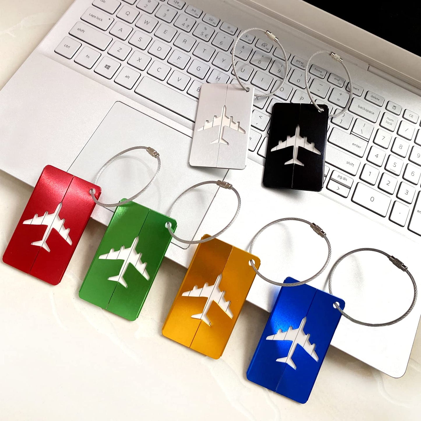 Luggage tags with stainless steel cord and name tag (6-pack) for backpacks, luggage and bags