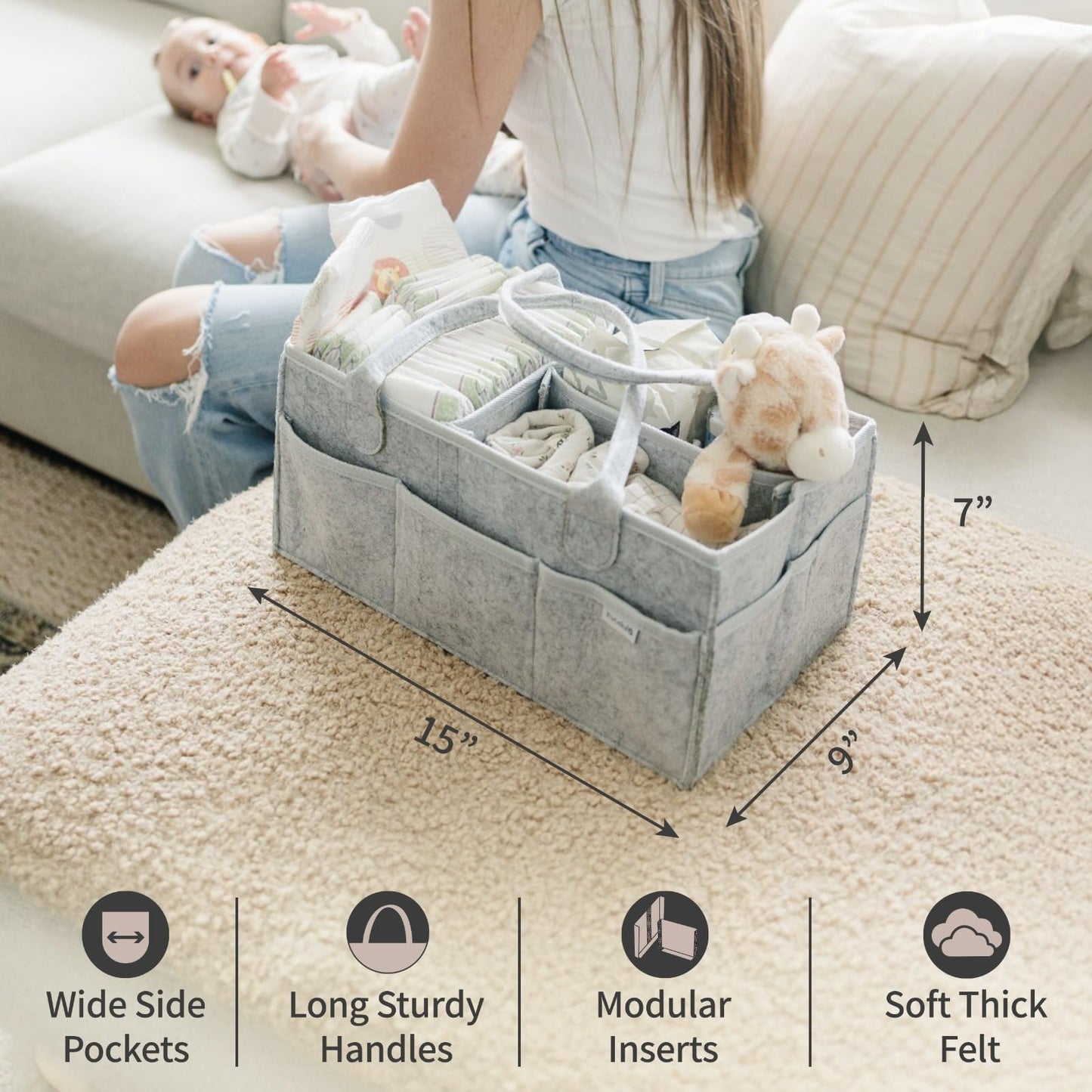 Aufbewahrungskorb für Babyartikel, Wickeltisch & Pflege mit 8 Außentaschen: Baby Geschenk