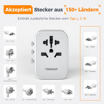 TESSAN Universal Travel Adapter with 3 USB-A and 1 USB-C: International Power Outlet Adapter