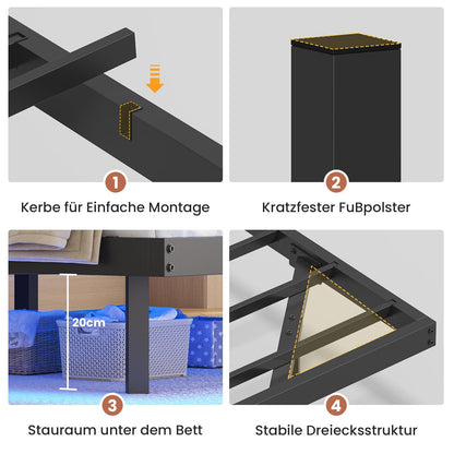 Bettgestell (180x200cm) aus Metall mit LED Beleuchtung und Ladestation & Lattenrost | Ohne Matratze