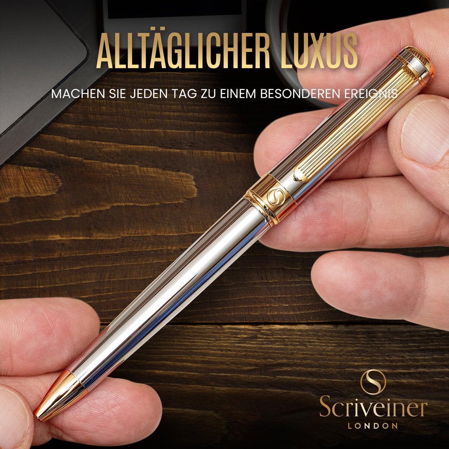 Scriveiner ballpoint pen High-quality design ballpoint pen in silver with real gold plating, black Schmidt refill, gift box, office set, professional ballpoint pen