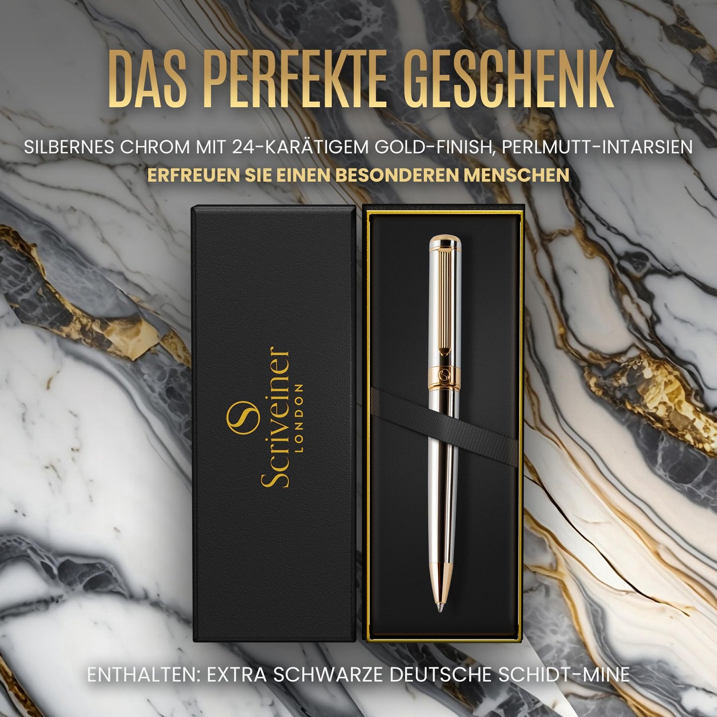 Scriveiner ballpoint pen High-quality design ballpoint pen in silver with real gold plating, black Schmidt refill, gift box, office set, professional ballpoint pen