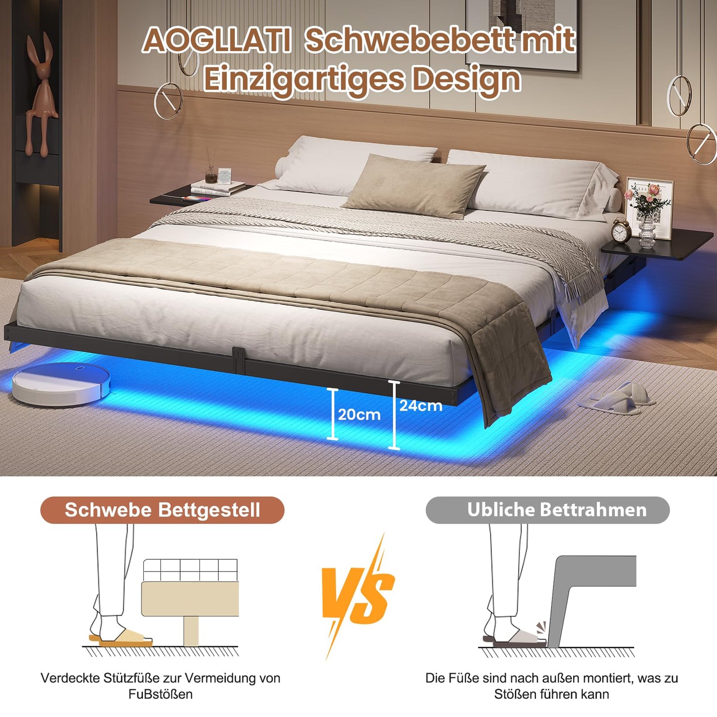 Bettgestell (180x200cm) aus Metall mit LED Beleuchtung und Ladestation & Lattenrost | Ohne Matratze