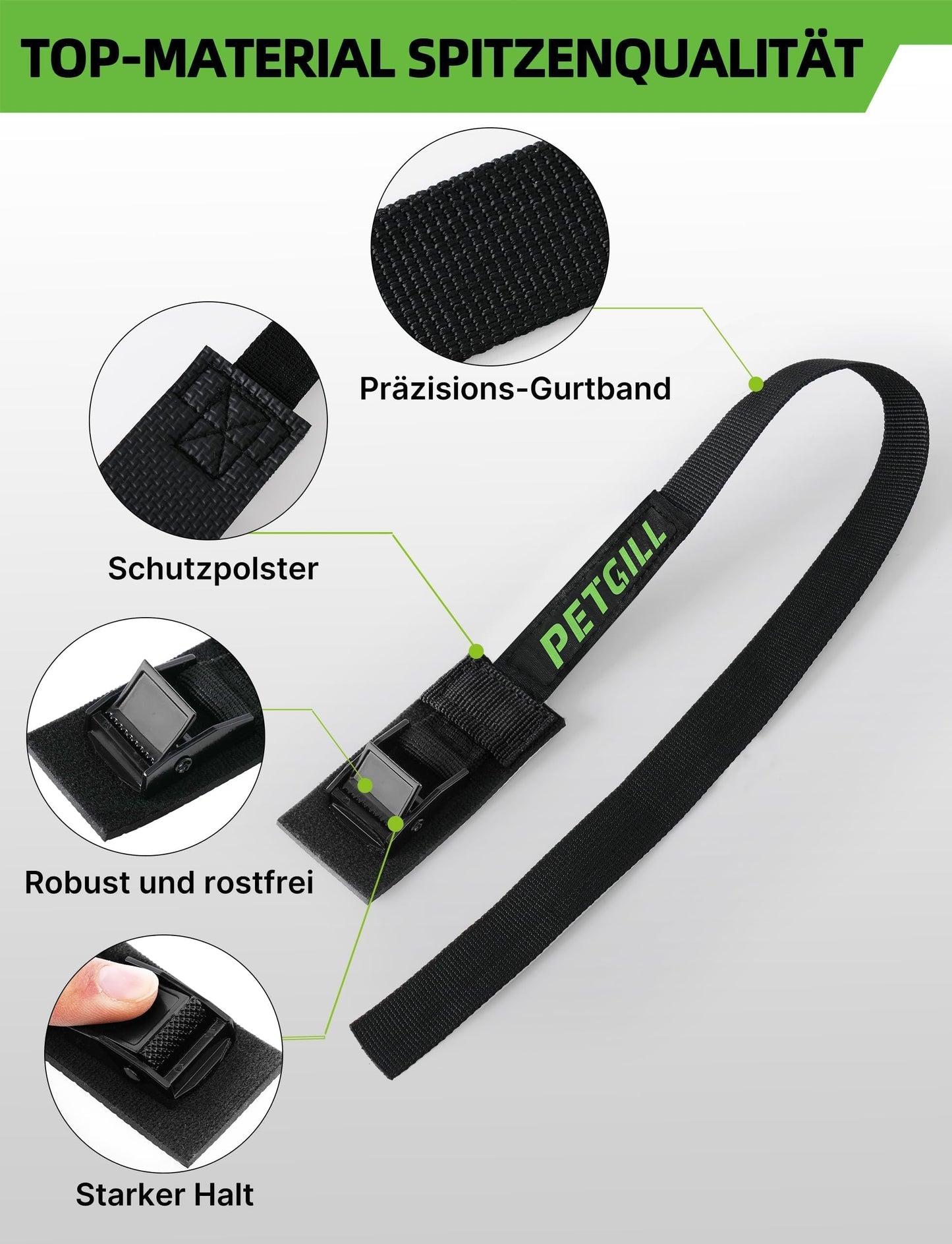 4x tensioning straps with padding for all bike racks (40cmx20mm): 200kg load capacity for roof racks
