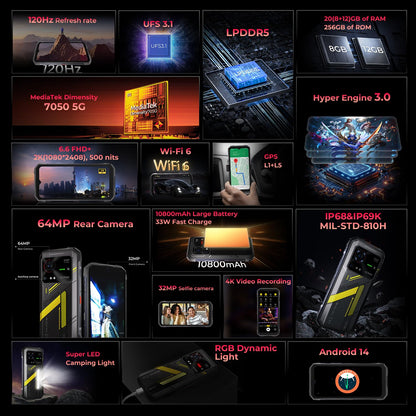 HOTWAV Hyper 7 5G Smartphone (20GB RAM+256GB Speicher): 280LM Campinglicht, 10800mAh