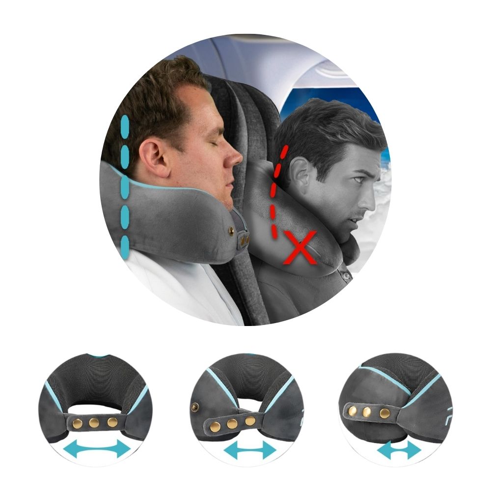 FLOWZOOM Neck Pillow for Airplane &amp; Car | Adjustable Memory Foam with Flexible Snap Fasteners